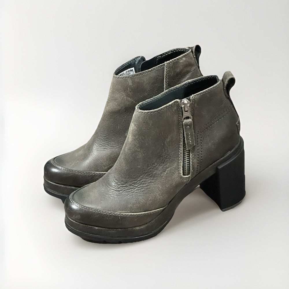 Sorel‎ Blake Women Boots 6.5 Quarry Gray/Olive Leather Side Zip Ankle Waterproof
